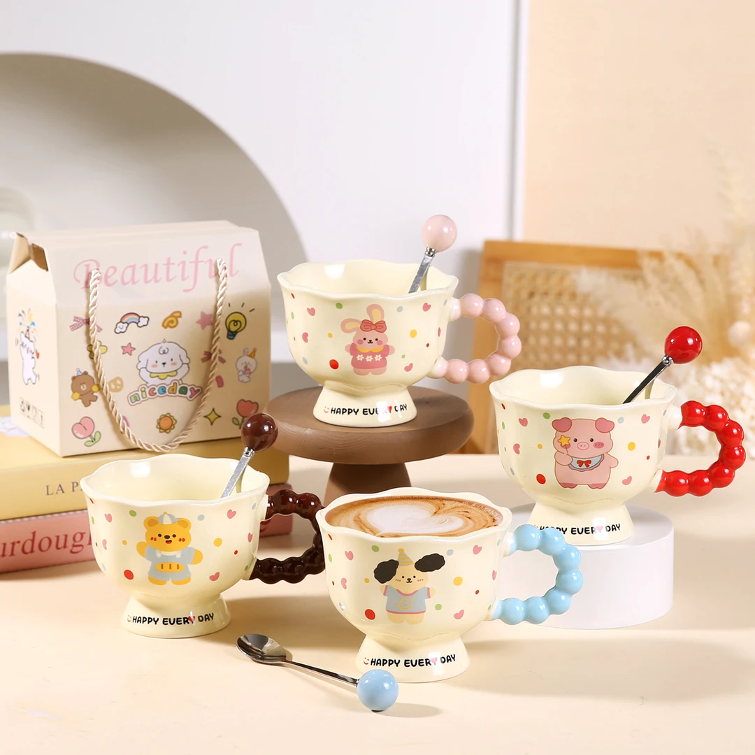 可爱ins波点卡通水杯陶瓷马克杯家用高颜值情侣生日礼物女生