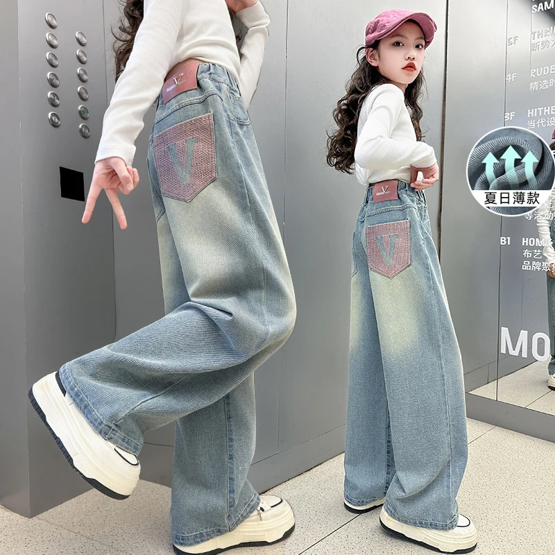 女童薄款牛仔裤夏季软牛仔直筒裤中大童12-15岁女孩洋气百搭阔腿