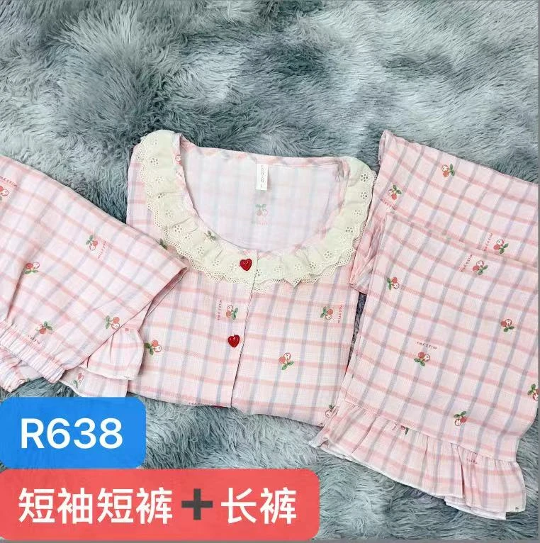 R638夏季圆领樱桃小兔短袖+短裤+长裤三件套家居服  带胸垫