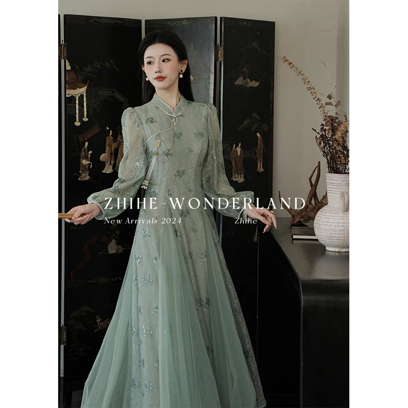 至禾Wonderland【溪】原中式绣片钩花蕾丝拼接柔纱连衣裙