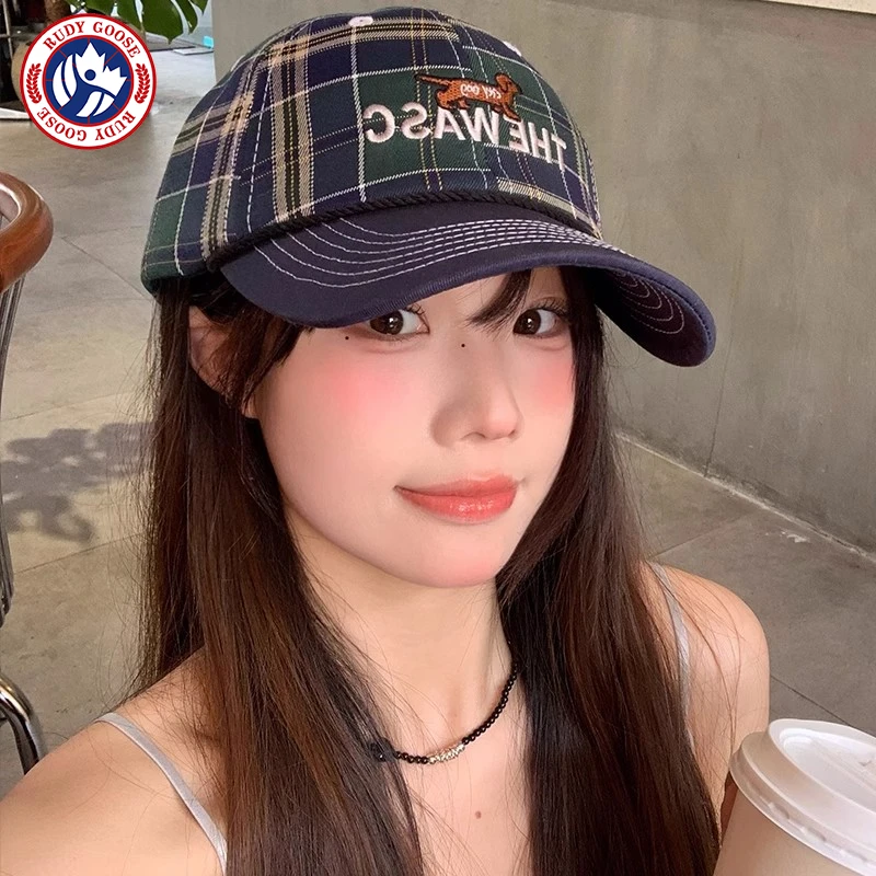RUDY GOOSE复古格纹棒球帽女百搭刺绣小狗鸭舌帽宽帽檐显脸小帽子
