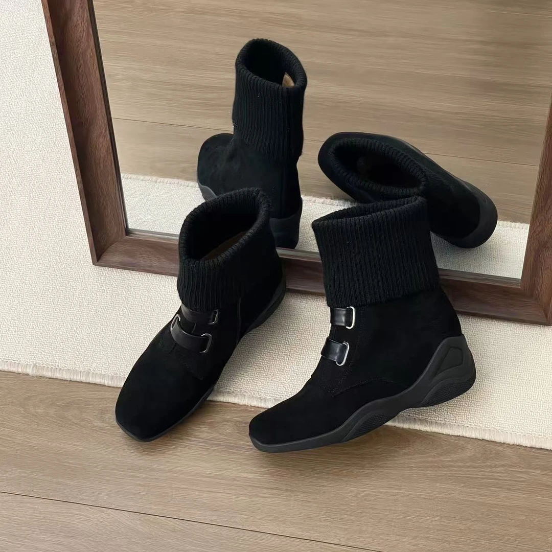 HUSSLOVE 牛反绒+织物·跟高5CM·秋冬新款坡跟内增高磨砂飞织短靴