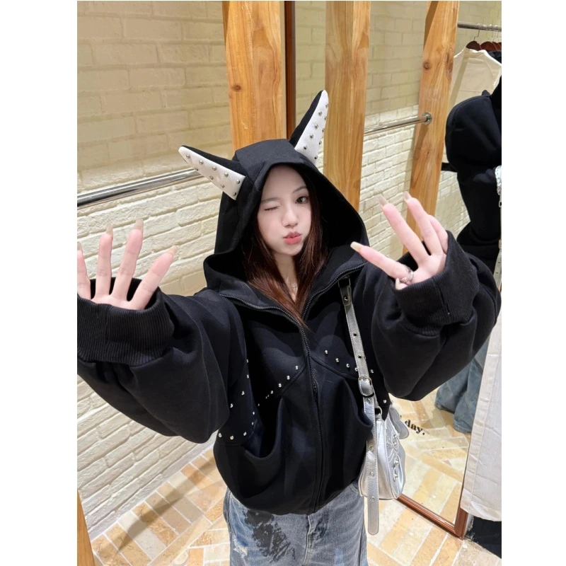 加大码300斤铆钉设计感重磅连帽卫衣初秋男女新款杜宾犬痞帅外套