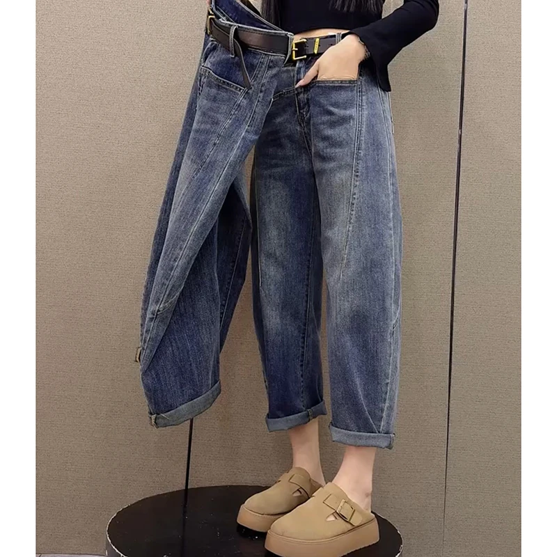 2025年春季新款九分弯刀香蕉裤高腰弹力显瘦牛仔裤子女士洋气减龄