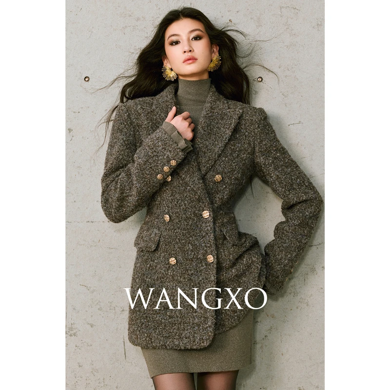 WANGXO 混色羊毛圈圈毛呢双排扣外套2531141W