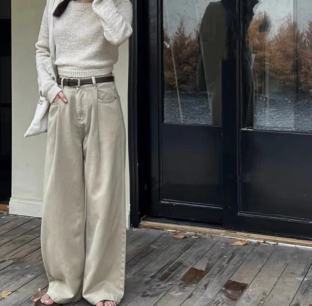 朱朱自留奶卡色加厚带腰带牛仔裤