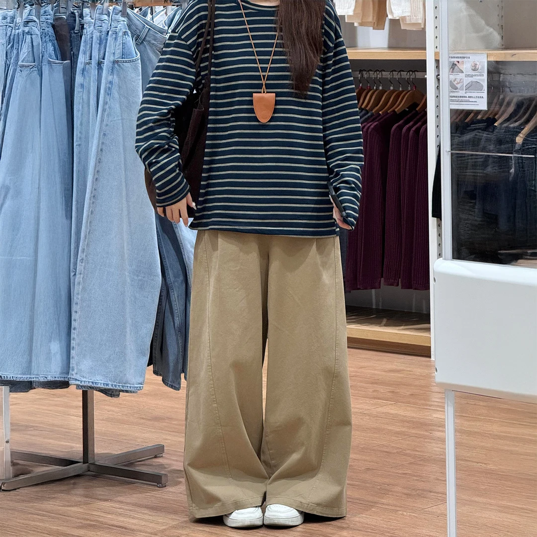 卡其色阔腿工装裤女大码秋季新款胖mm梨形身材宽松显瘦直筒休闲裤