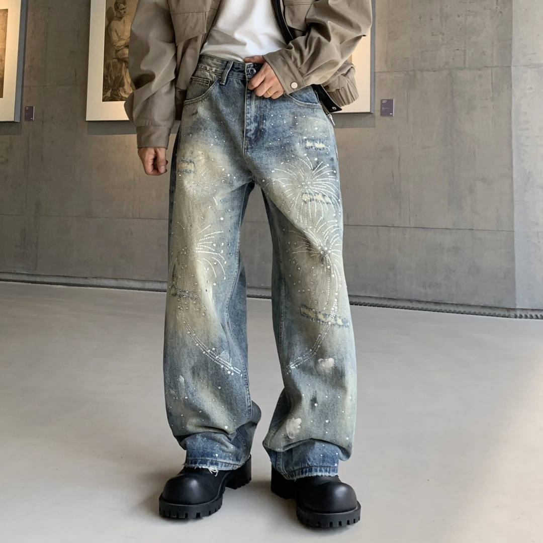 新款潮牌宽松直筒蓝色水洗假破洞牛仔裤印花阔腿裤复古美式裤子