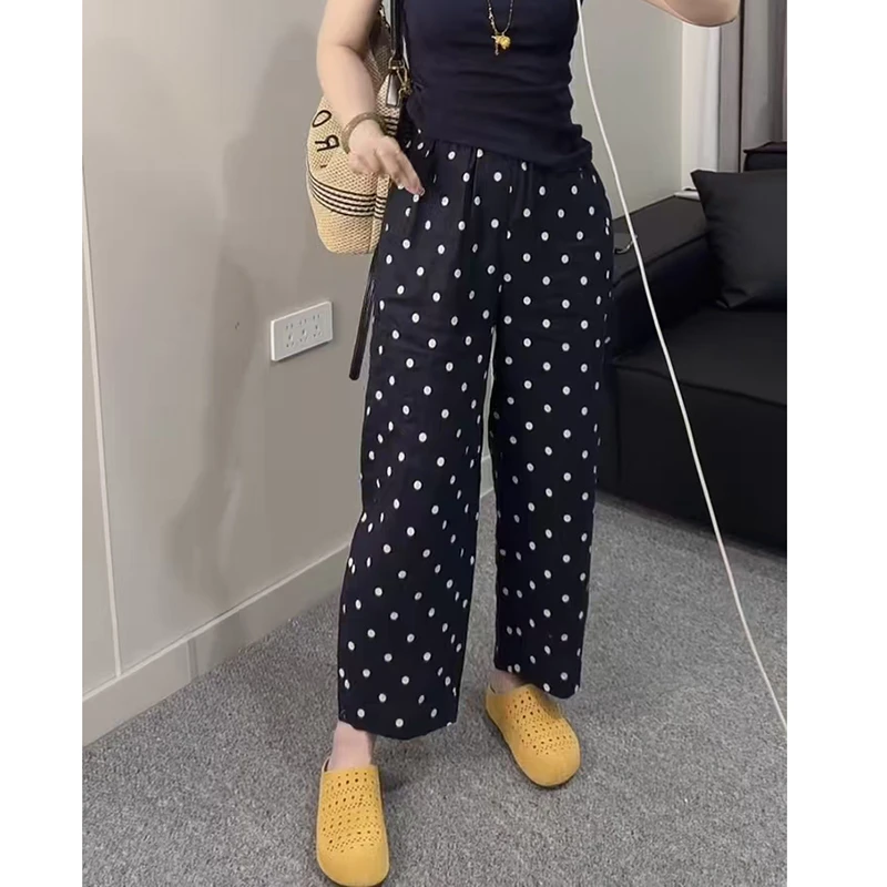 波点直筒休闲裤女2025年夏季薄款大码高腰宽松松紧腰八九分阔腿裤
