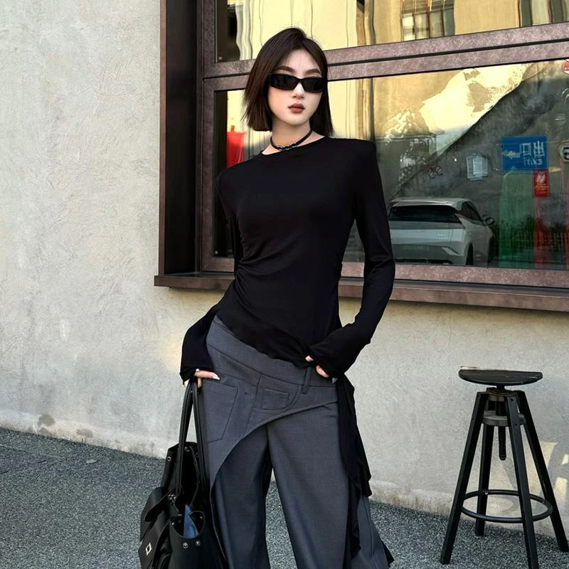 时尚别致正肩修身显瘦长袖T恤女款春季设计感不规则飘带休闲上衣