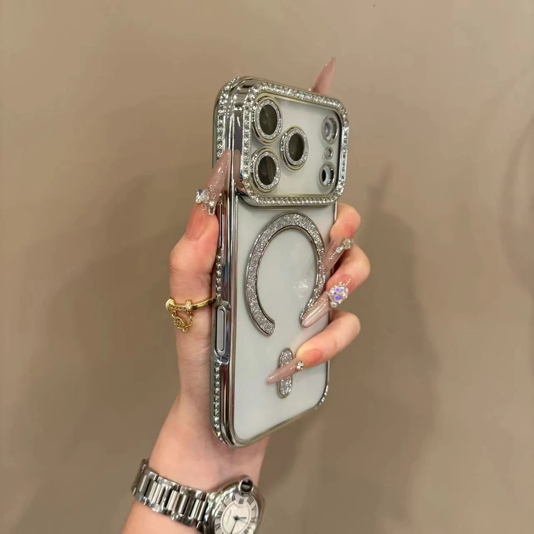 轻奢闪粉钻磁吸适用iphone17promax手机壳苹果16透明15带镜头膜14