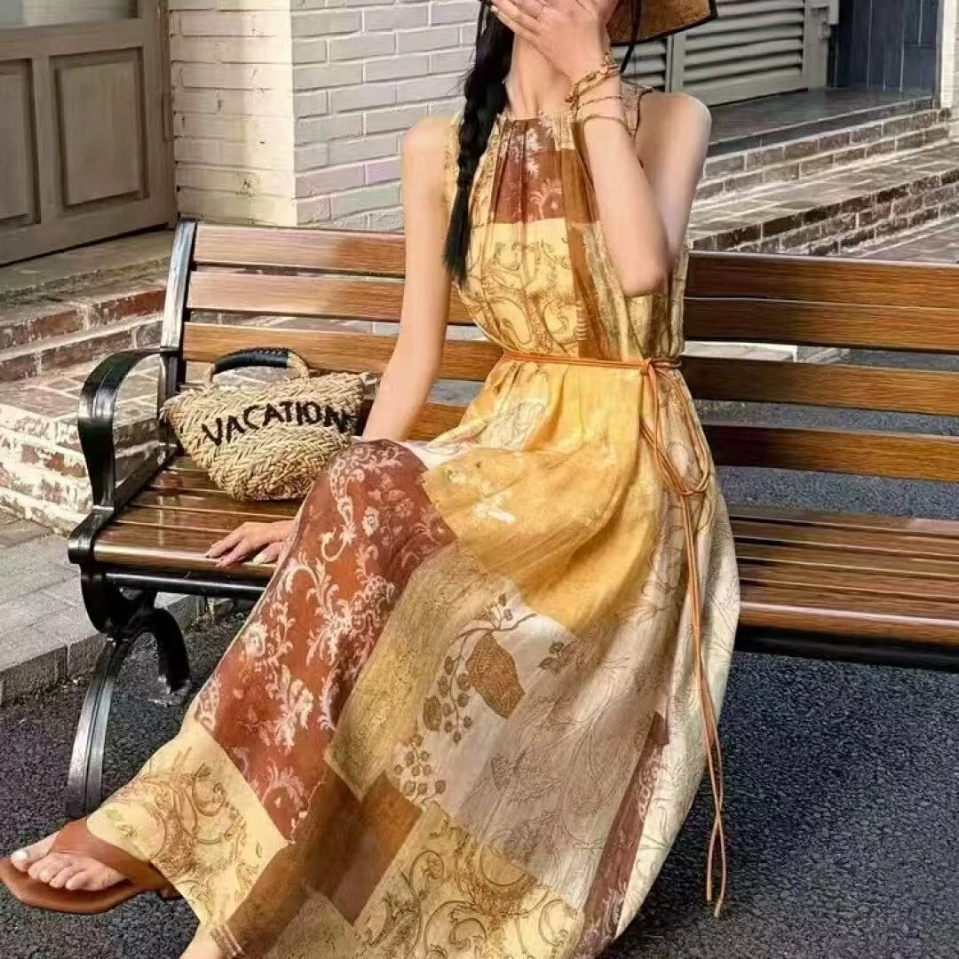 【将军工厂店】 夏季印花圆领无袖连衣裙碎花中长裙吊带款L252202