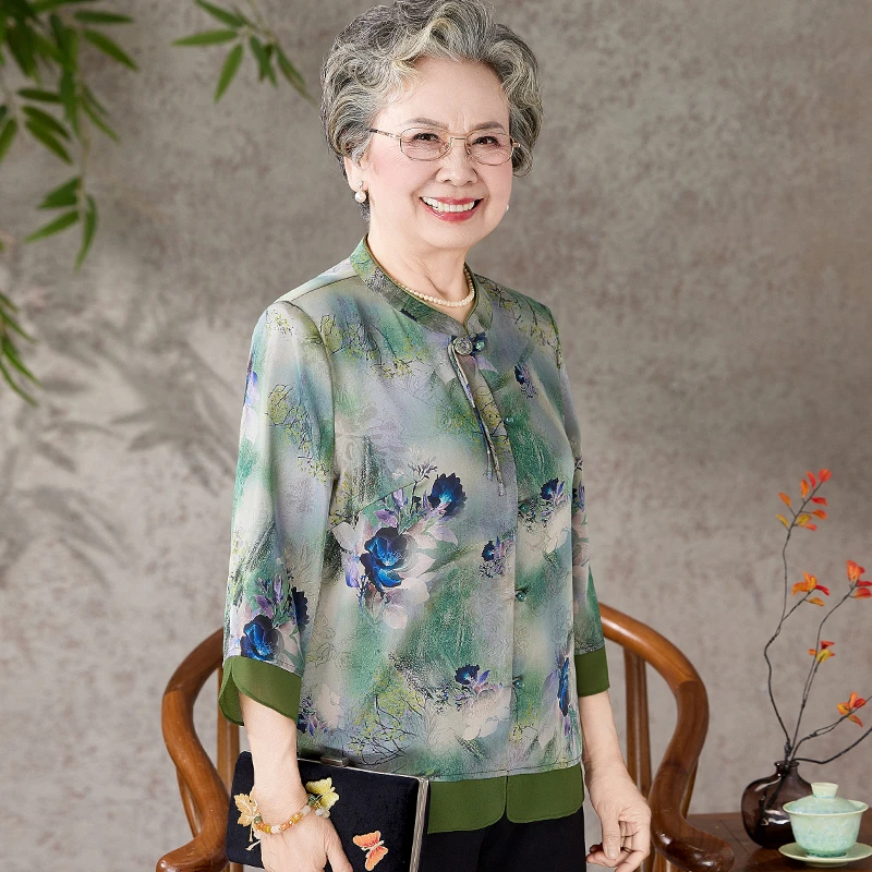 中老年人妈妈夏季国风衬衫上衣奶奶夏装宽松洋气衬衣70老太太衣服
