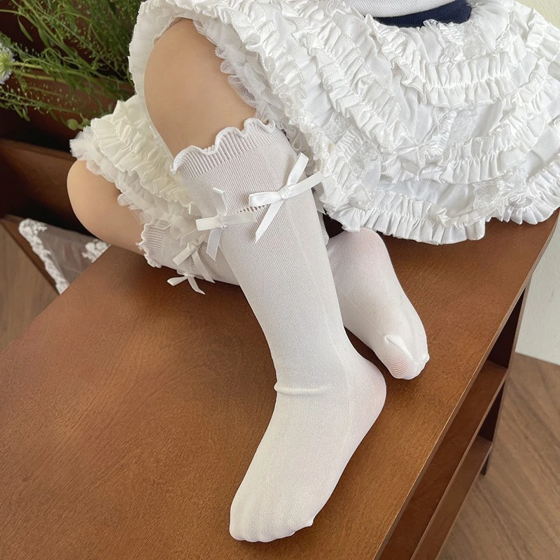 春夏新品蕾丝木耳边蝴蝶结可爱公主女儿童宝宝中筒堆堆袜