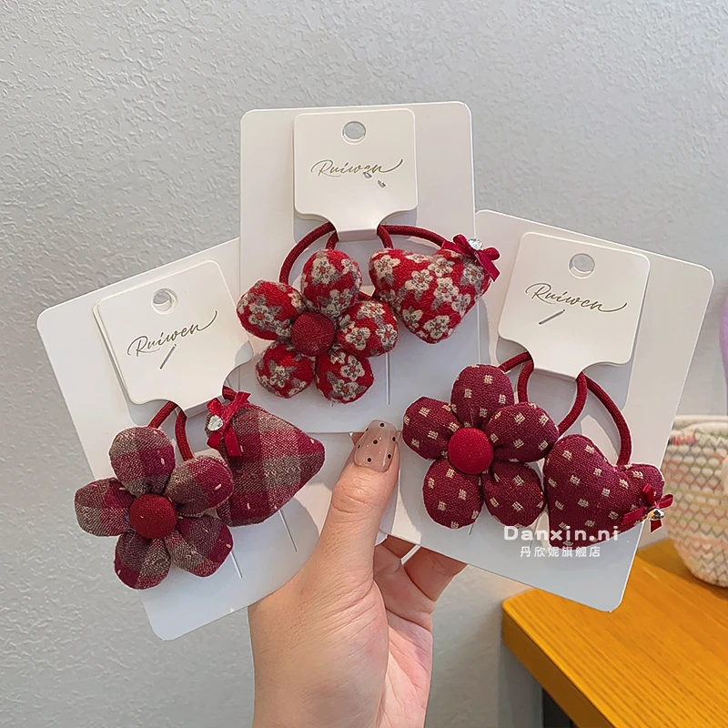 儿童新年红色花朵发绳女童扎辫子马尾皮筋女公主蛇年拜年洋气头饰