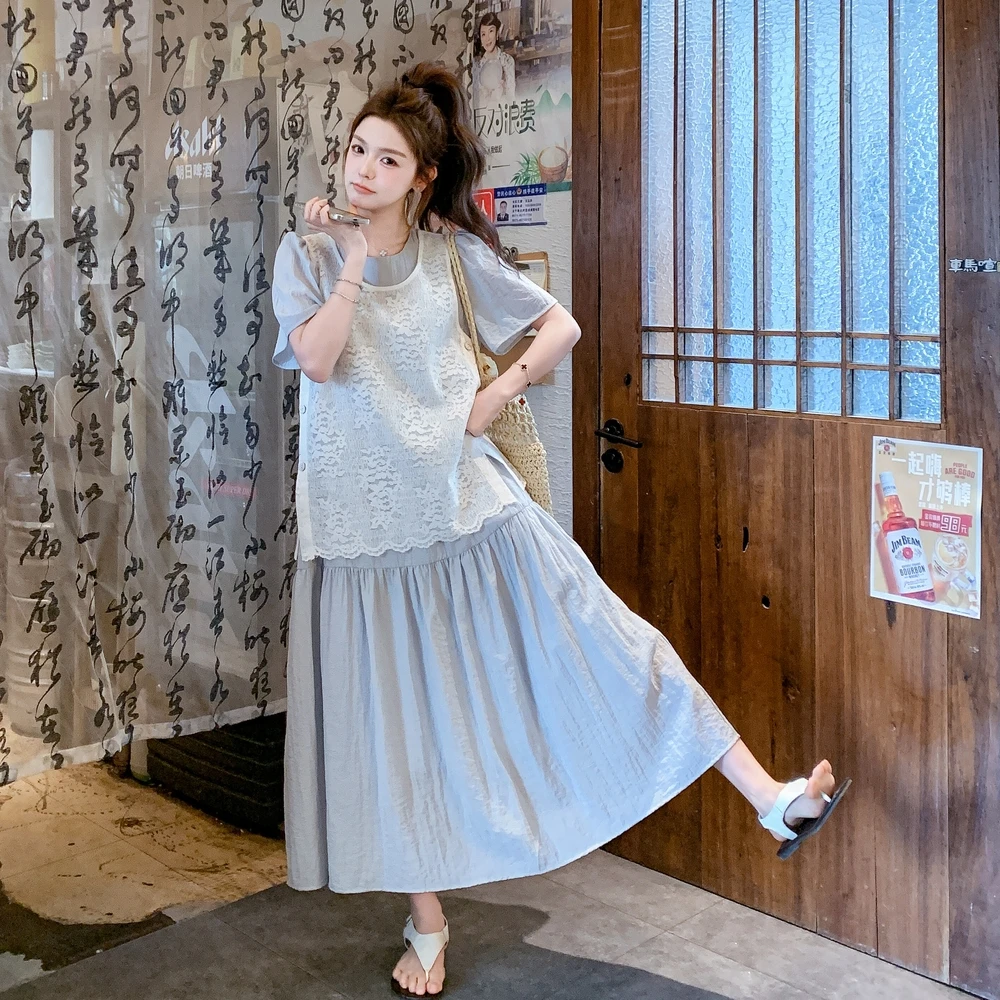 时尚圆领短袖圆领连衣裙女2025年夏季韩系镂空马甲百搭