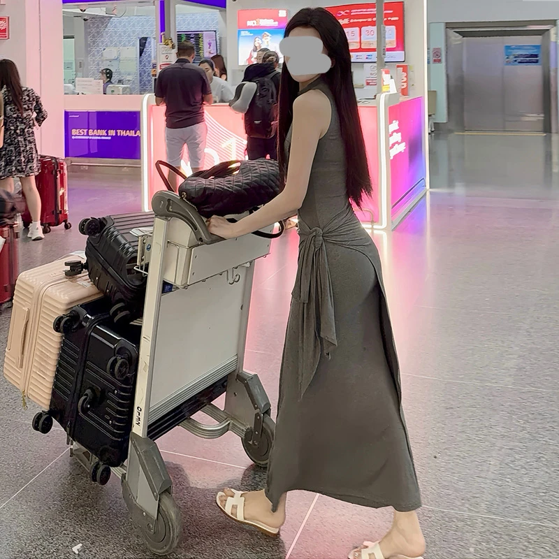 拼接假两件无袖背心连衣裙女夏季绑带修身鱼尾裙子设计感包臀长裙