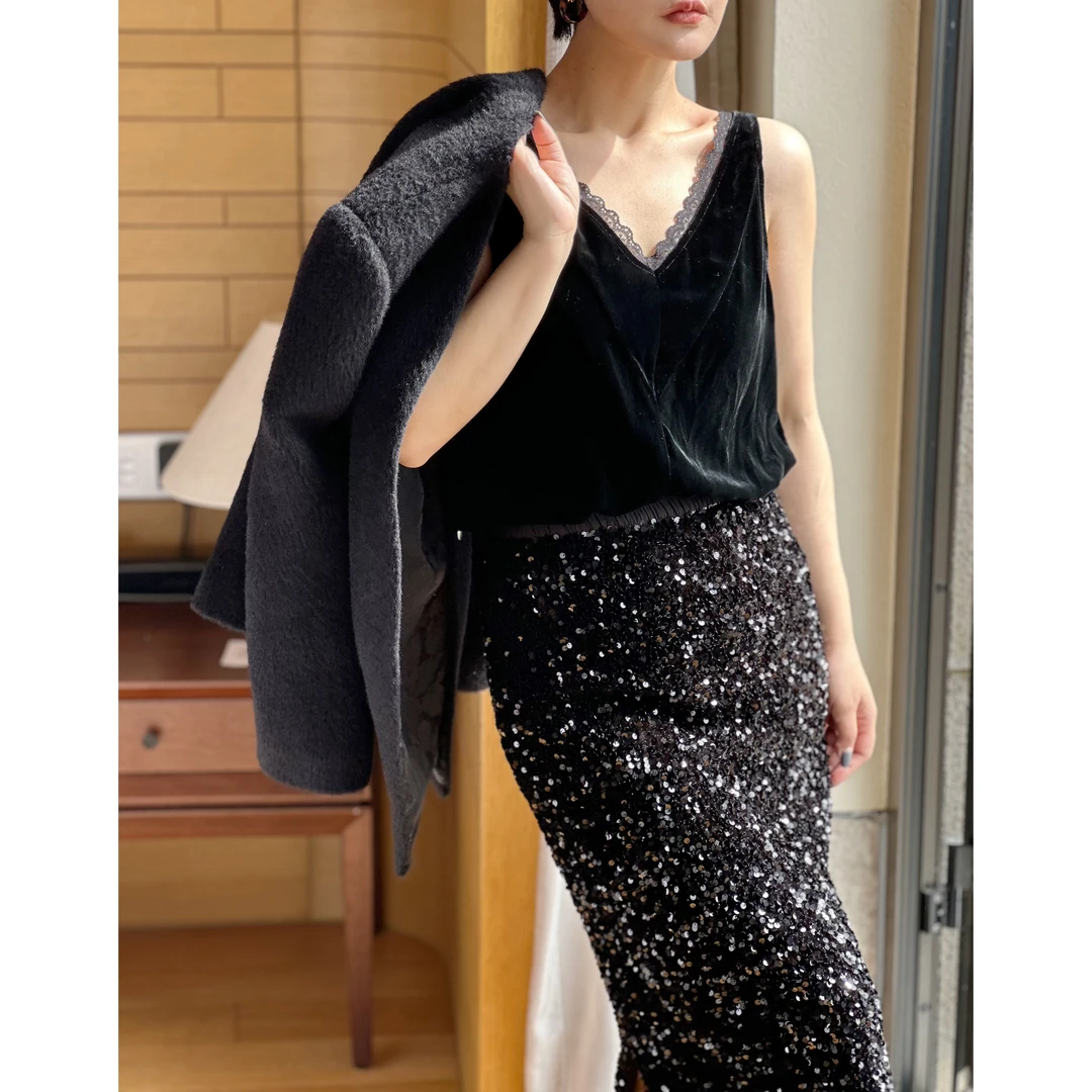 【拂夜】秋冬时髦精打底V领蕾丝拼接真丝蚕丝丝绒打底背心短款