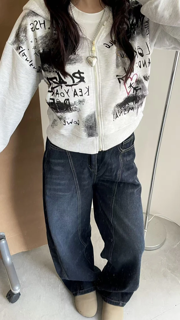 美式复古高街涂鸦印花小众短款宽松休闲连帽卫衣外套