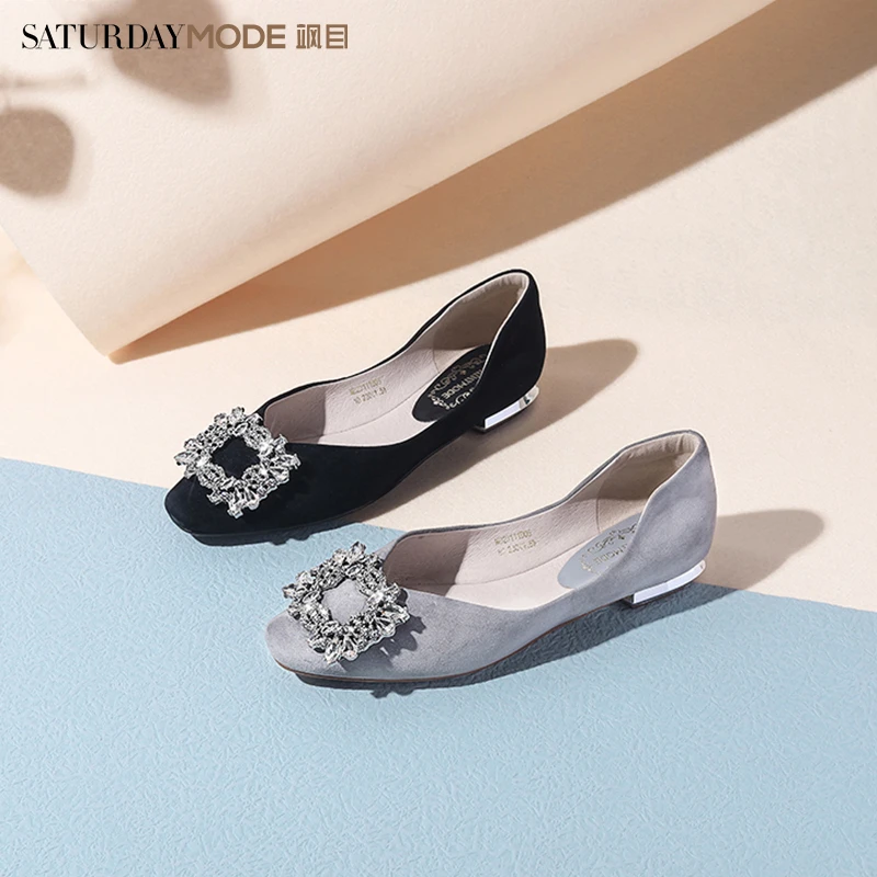 【交个朋友专享】SATURDAYMODE方头羊皮单鞋浅口绒面水钻MDD1111D12
