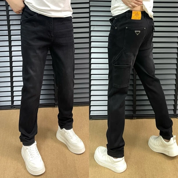 早秋新款015棉男士黑灰色魔术贴小直筒牛仔裤修身水洗弹力百搭