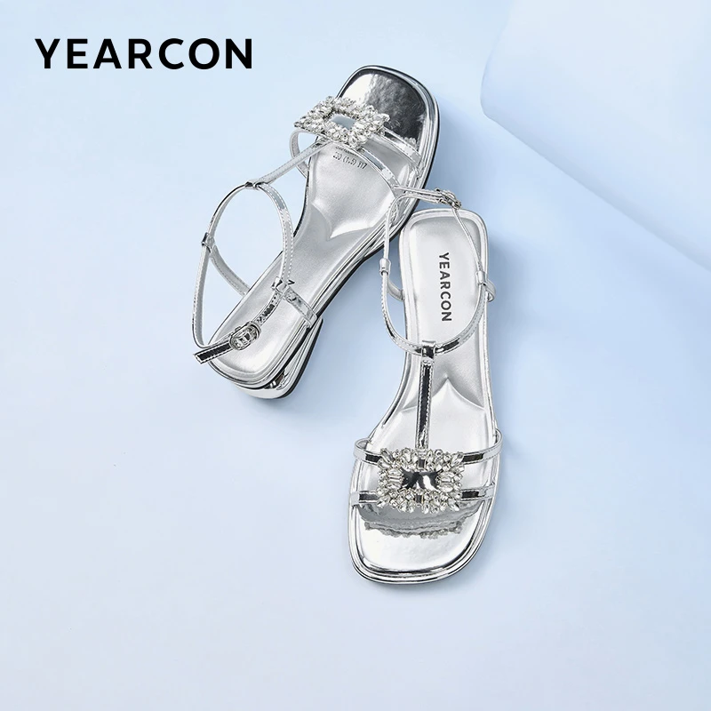 意尔康低跟穆勒鞋纯色水钻时装凉鞋方头夏季平底时装凉鞋平底鞋