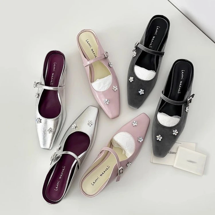 仙女风水钻银色玛丽珍鞋内增高穆勒鞋夏季配裙子包头半拖鞋女外穿