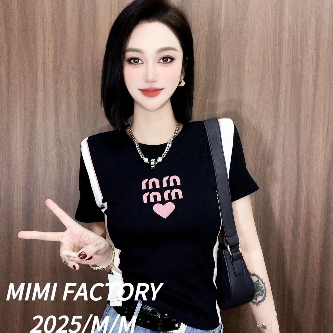 芈芈 2025新款短袖 爱心字母印花短袖T恤女时尚修身显瘦上衣XCTQ