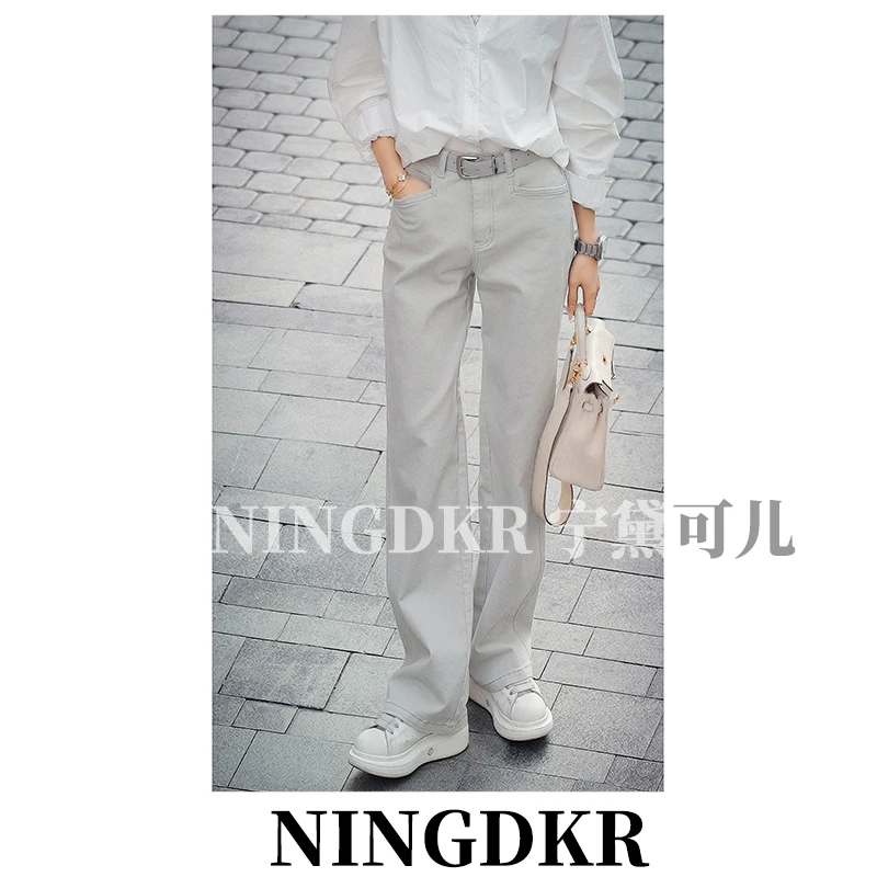 宁B30107神颜星云灰高腰直筒宽松显瘦窄版牛仔裤女百搭显高长裤子