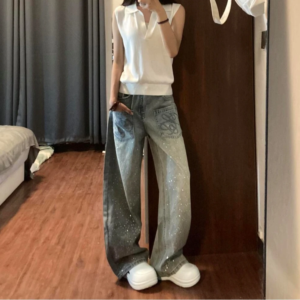 美式复古重磅设计感立体水钻牛仔阔腿裤辣妹宽松慵懒松弛感拖地裤