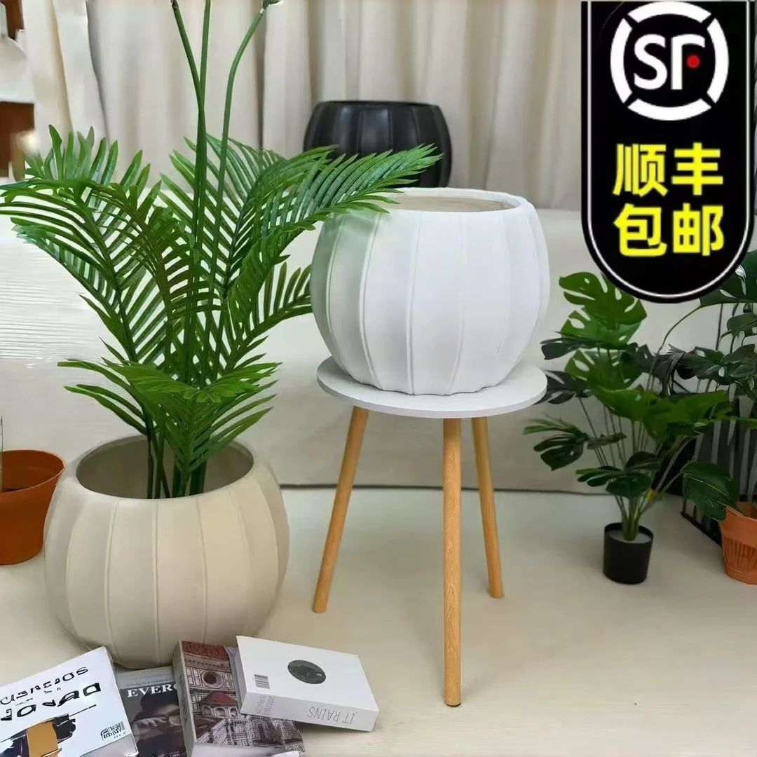 简约落地镁泥花盆散尾葵千年木龟背竹客厅摆放圆形灯笼款