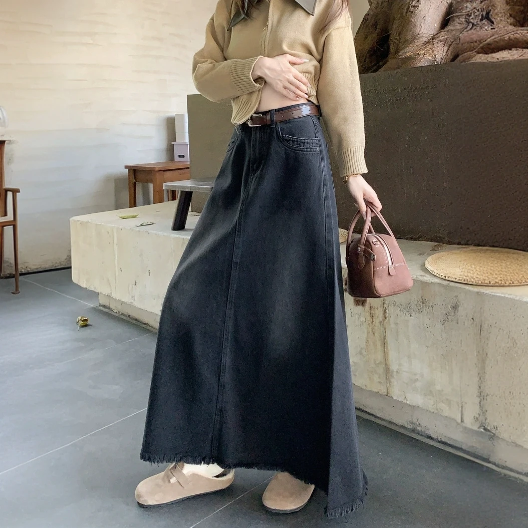 韩系ins感设计感长裙爆款无开叉牛仔半身裙秋冬高腰显瘦百搭a字裙