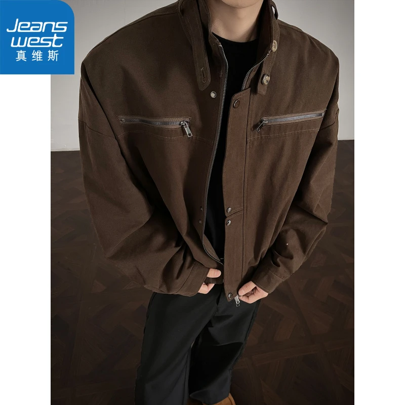 真维斯美式复古工装外套男款秋季高级感纯色水洗夹克痞帅短款上衣
