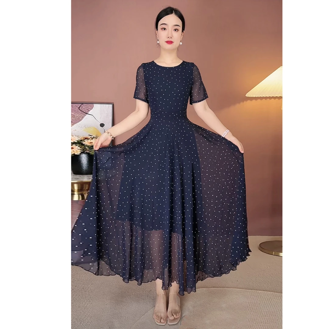 藏青色小波点圆领气质大摆长裙2025夏季新款优雅显瘦长款连衣裙