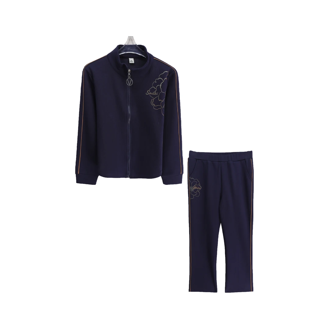 半立领亮闪玫瑰印花上衣纯色长裤套装C14012