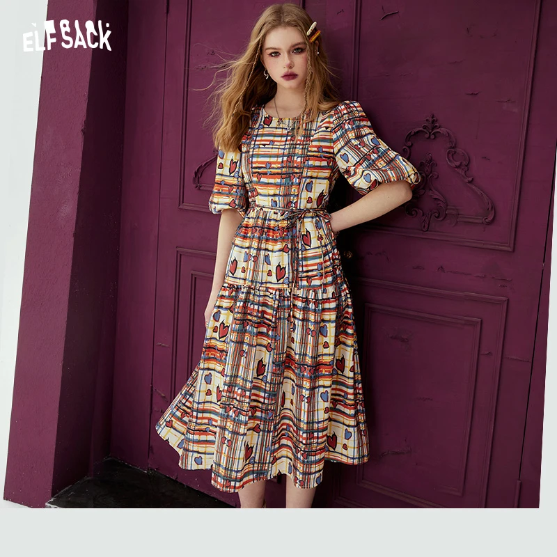 【新】爱你三千遍 彩色格纹泡泡袖连衣裙女2024春新收腰显瘦