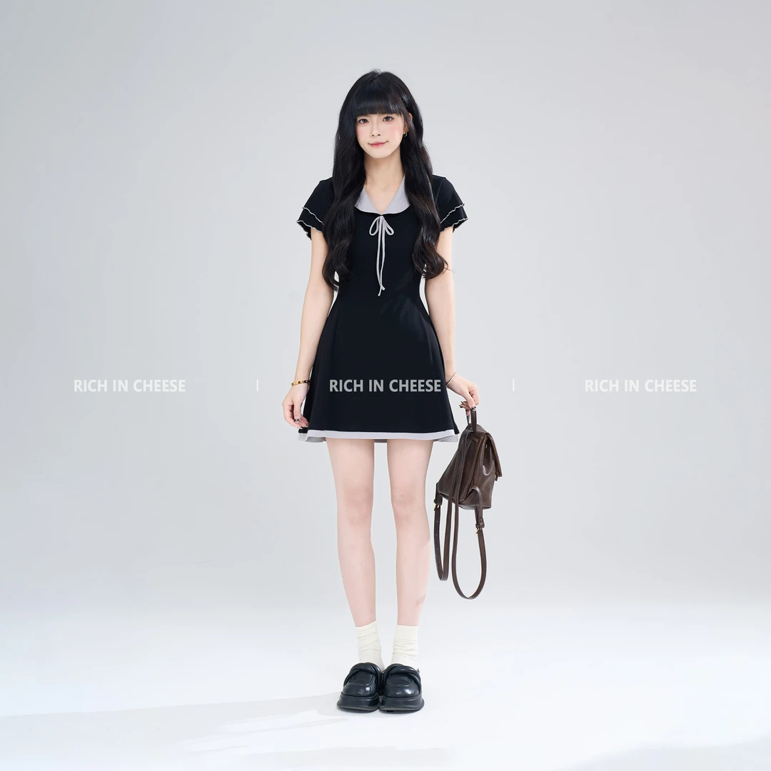 RICHINCHEESE 茉海听风 假两件撞色设计针织弹力气质收腰连衣裙