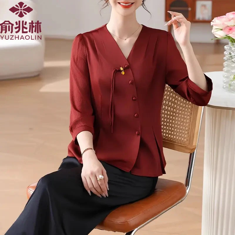 俞兆林中式国风上衣洋气中老年女装盘口气质雪纺衫喜婆婆妈妈装春