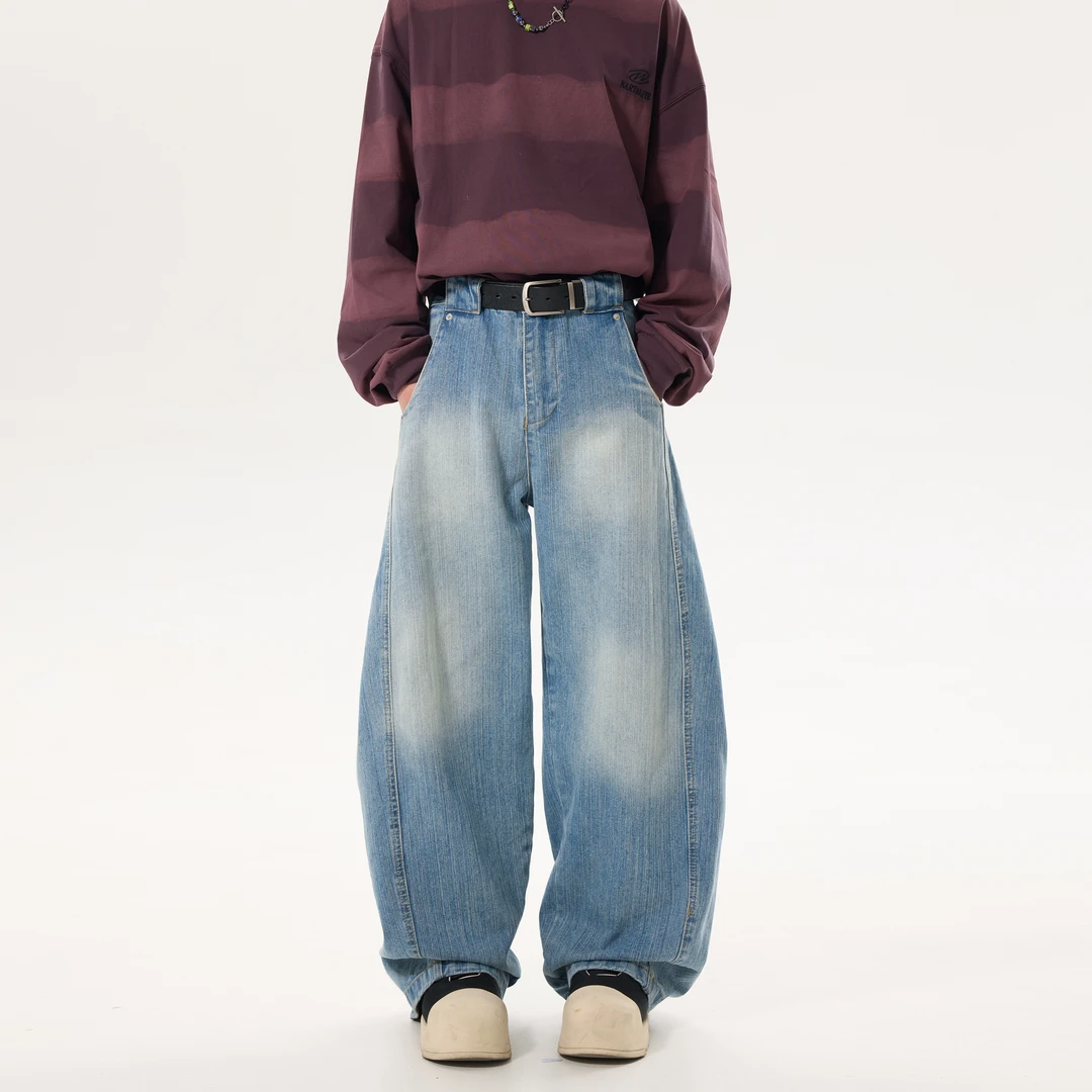 MANRE SHOW春季美式复古水洗弯刀牛仔裤男女款宽松阔腿拖地长裤