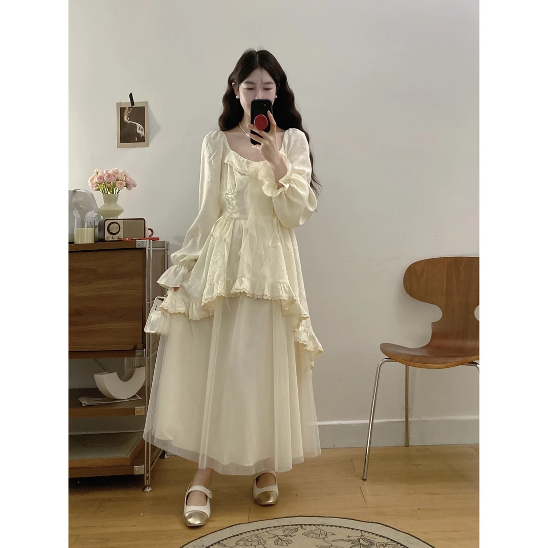 微胖2025早春新款水彩白栀复古宫廷风系带提花网纱拼接连衣裙