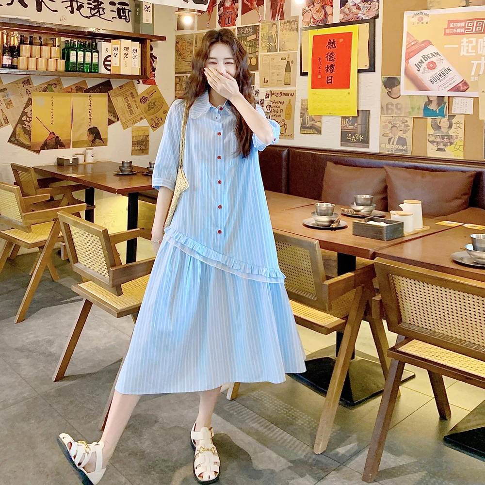 蓝色不规则蕾丝花边拼接衬衫裙女2025夏季新款慵懒休闲条纹中长裙