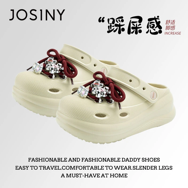 卓诗尼粉钻小熊绑带洞洞鞋女2025夏新款外穿设计感包头拖厚底凉鞋