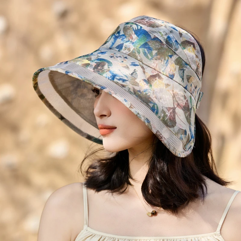 新款夏季女透气骑车防风空顶大檐遮阳帽国风优雅户外防晒太阳帽
