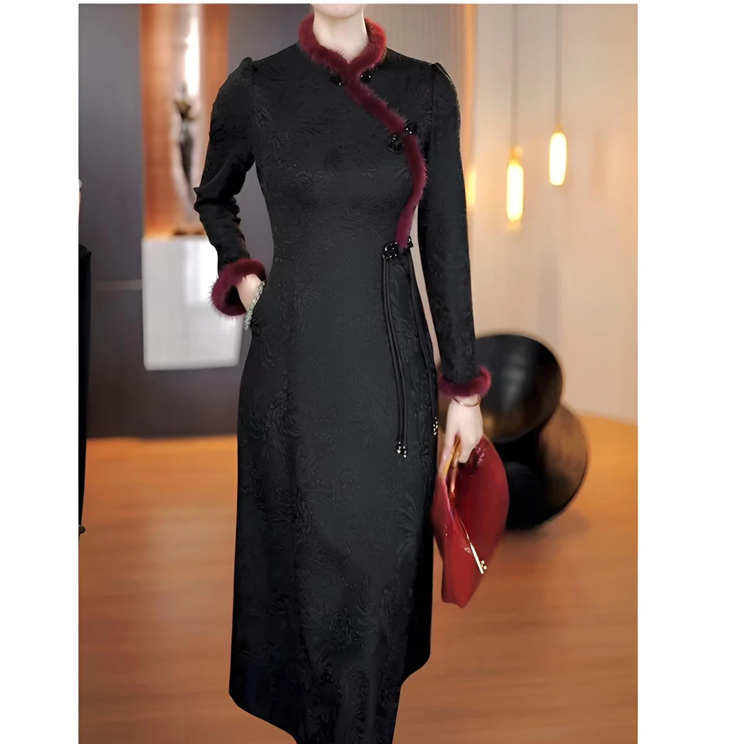 CF590提花面料气质国风改良版旗袍裙冬季加厚修身旗袍