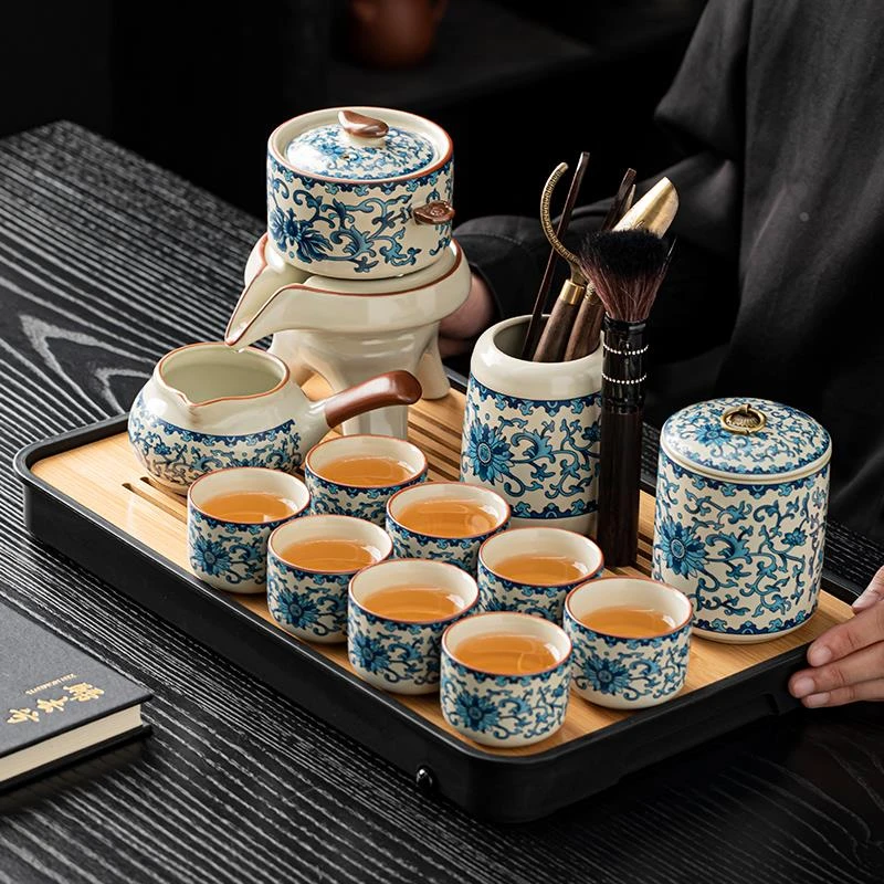 2024新款青花汝窑自动茶具套装家用轻奢高档石磨茶壶懒人泡茶神器