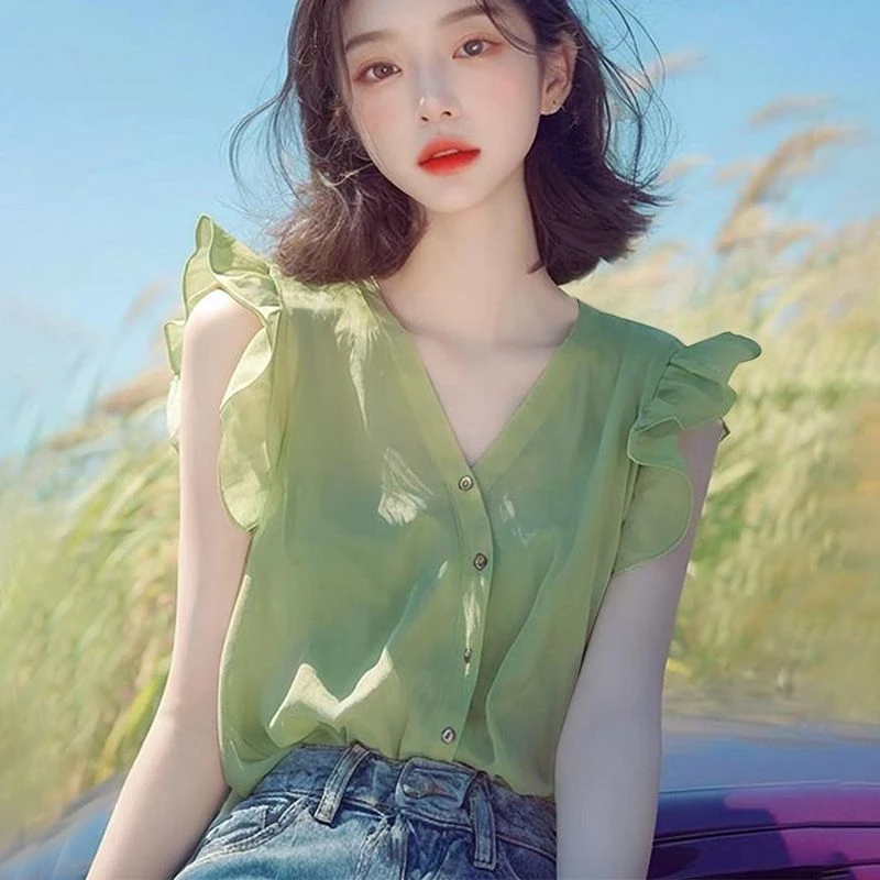 夏季小清新绿色法式高级感衬衫女减龄气质荷叶边无袖雪纺上衣外穿