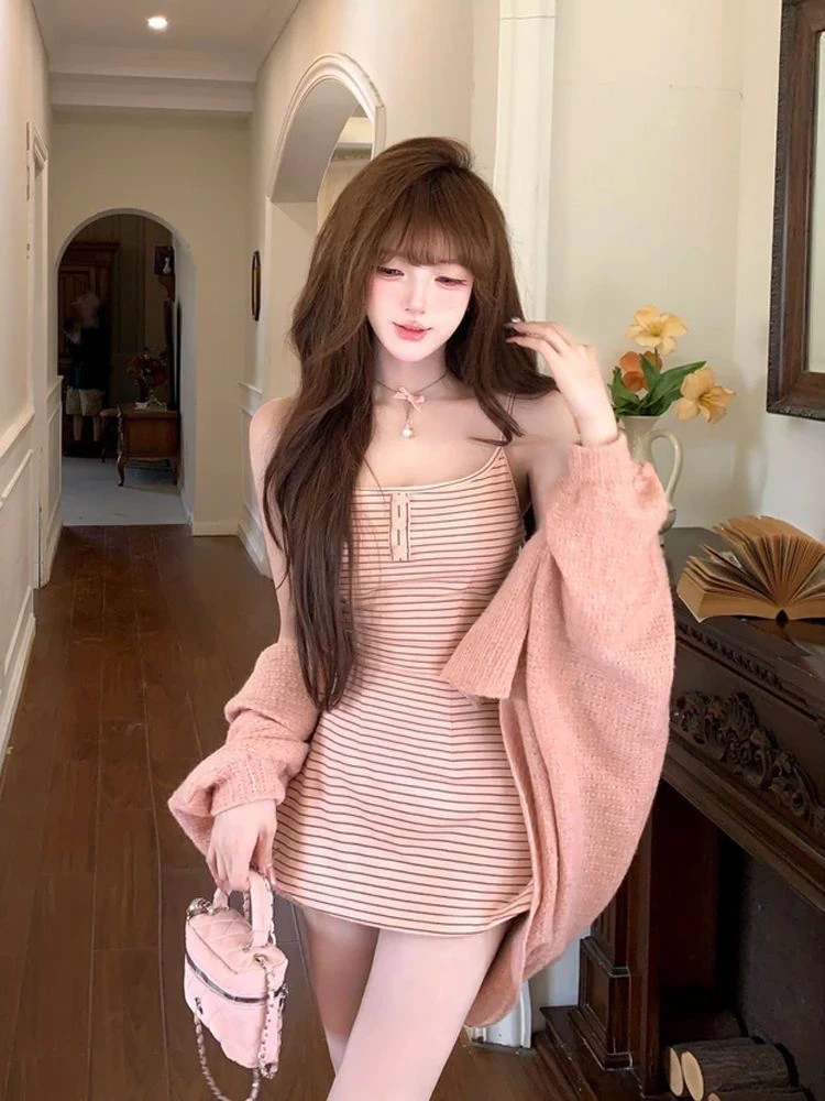 慵懒韩女 秋季纯欲慵懒风吊带连衣裙针织开衫套装开学早秋穿搭女