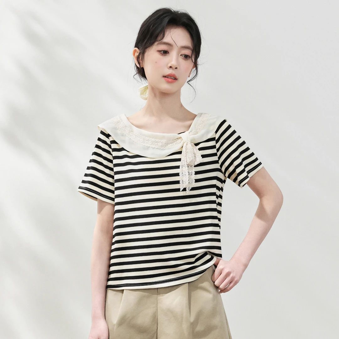 黑白条纹短袖T恤女夏2025夏季新款蕾丝蝴蝶结设计感体恤正肩上衣