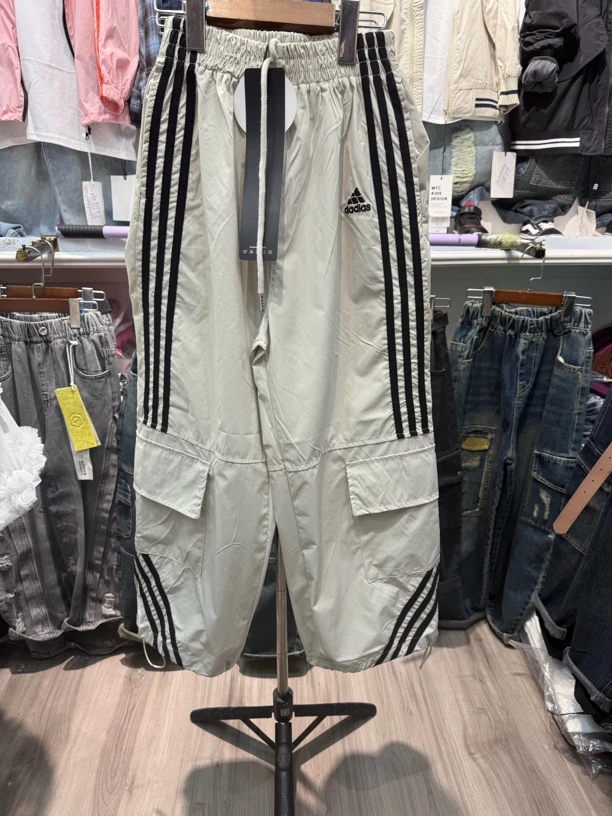 春夏男女大童时尚拉条多口袋美式薄款宽松直筒工装运动长裤