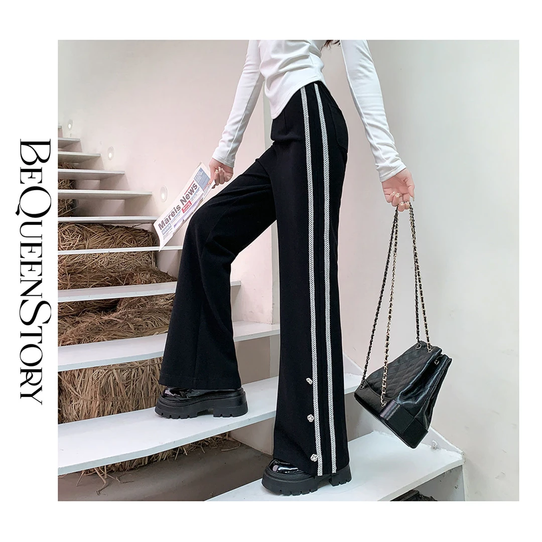 余潇潇【律动节拍】侧缝水晶珠织带精致钻扣显瘦高腰阔腿裤